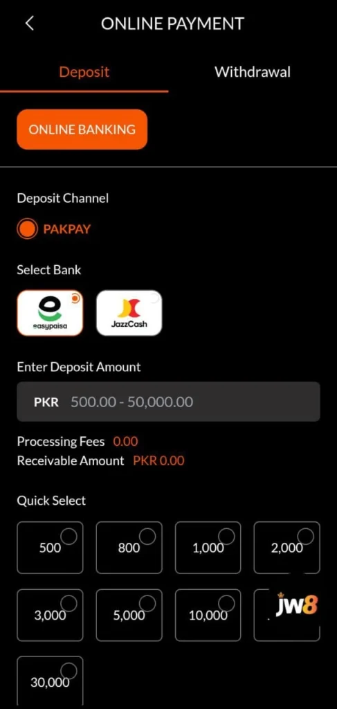 JW8 game deposit screen in Pakistan showing EasyPaisa and JazzCash online payment options with PakPay