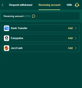 Withdrawal account setup screen in 10S Game showing options for bank transfer, Easypaisa, and JazzCash.