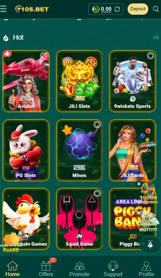 10S Game promotional offers screen showcasing free rewards, referral bonuses, deposit boosts, and cash redemption codes.