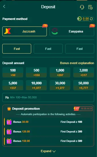 Deposit methods screen showing JazzCash and Easypaisa with bonus tiers based on deposit amounts in 10S Game.