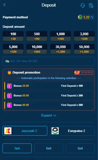 ZK77 Game deposit options via JazzCash, Easypaisa, and bank