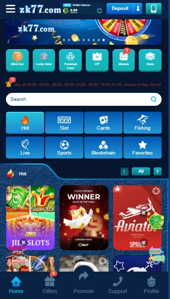 ZK77 Game main menu showing Aviator, Teen Patti, Wingo, and casino games