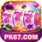 Colorful PK67 Game slot machine logo with bright 777 symbols and gemstones.