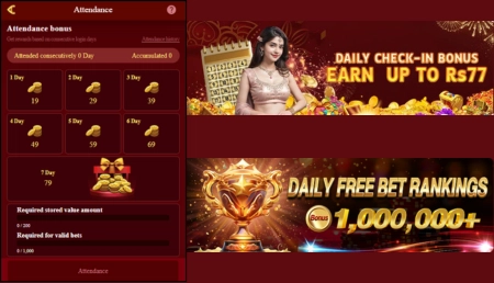 banners and attendance bonus screen for a betting app offering daily rewards and rankings