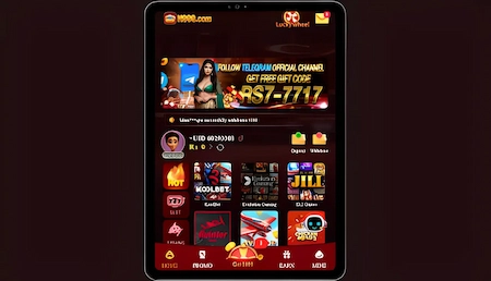 Online gaming app home screen showing slot games, Aviator game, and promotional banner with free gift code