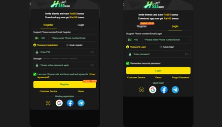 Login and registration interface of a mobile app with password input, referral bonus offer, and customer support options