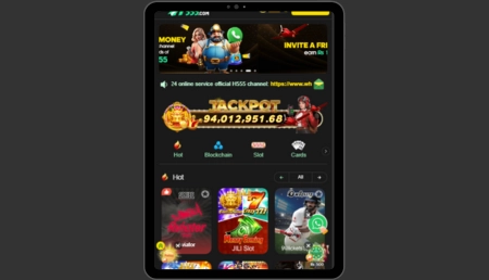 H555 Game app home screen displaying jackpot, game categories, and featured slot games on a tablet device.