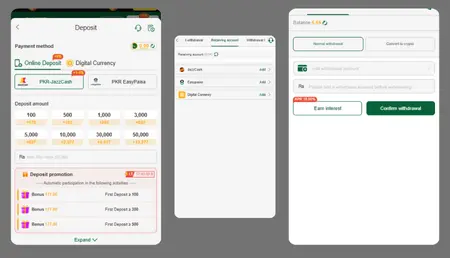 Screenshot of a mobile casino app showing deposit and withdrawal options with JazzCash, EasyPaisa, and digital currency.