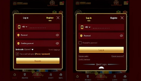 N999 Game download, login and registration screen with mobile number, password, and invite code options.