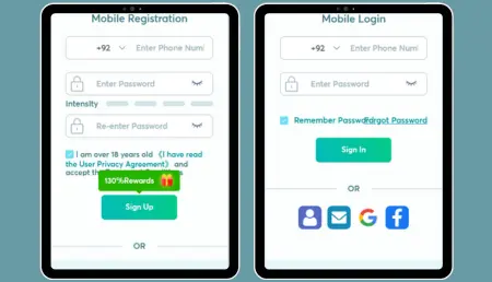 Mobile registration and login screens for the Aviator 7Bet game app showing phone number, password fields, and social login options.