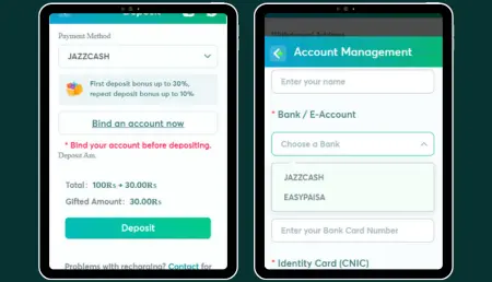Mobile app screens showing payment method selection with JazzCash and EasyPaisa options for Aviator 7bet game account management.