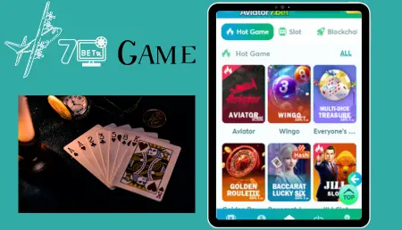 A digital collage featuring a logo with an airplane and
Aviator7BET GAME," a hand holding a royal flush poker hand, and a tablet screen displaying various online casino games.