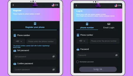 92 Strike Game registration and login screens showing phone number and email login options.