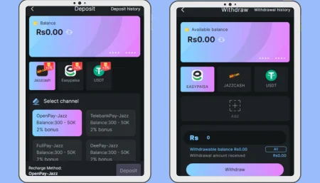 92 Strike Game deposit and withdrawal screens with EasyPaisa, JazzCash, and USDT options.