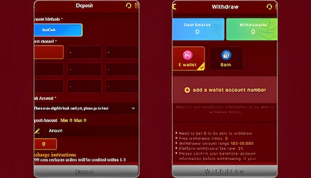 Online gaming app deposit and withdrawal screen with e-wallet and bank transfer options