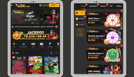 x666 game is a mobile app interface displaying online gaming and betting features, including jackpot amounts, daily rewards, weekly and monthly sharing options, and various game categories.