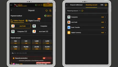 Two tablet screens displaying a digital payment and withdrawal interface from 666.com, showing options for deposits and receiving accounts with various payment methods including JazzCash, Easypaisa, Bank Transfer, and Digital Currency.