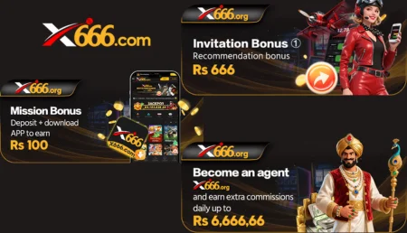 Promotional banners for X666.com showcasing various bonuses including a mission bonus of Rs 100, an invitation bonus of Rs 666, and an agent program offering up to Rs 6,666.66 in commissions. Features a woman in a red outfit holding a phone and a man in traditional attire sitting on a throne holding a staff.