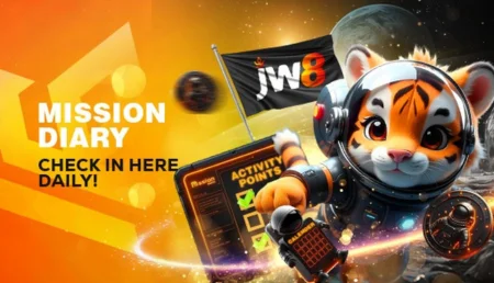 Cute tiger mascot promoting daily check-in rewards for JW8 game in Pakistan with mission diary and activity points.