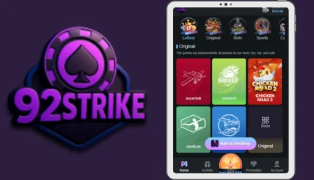 92Strike Game app interface showing Aviator, Cricket, Chicken Road, and Javelin games on a tablet.
