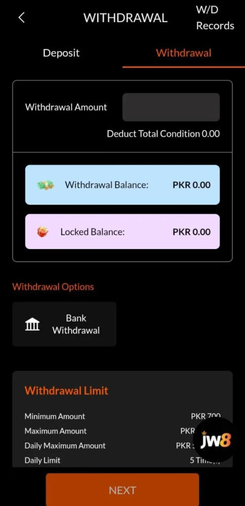 JW8 game withdrawal interface in Pakistan showing PKR withdrawal limits and bank transfer option.