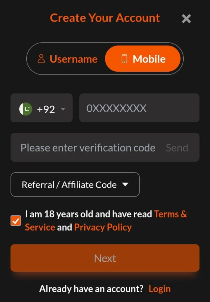 Mobile number registration screen for JW8 game in Pakistan with verification code option.