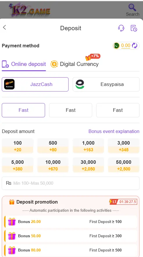 K2 Casino fast deposit and withdrawal