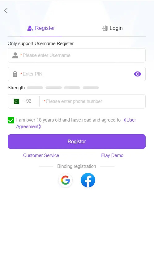 K2 Casino register and login screen