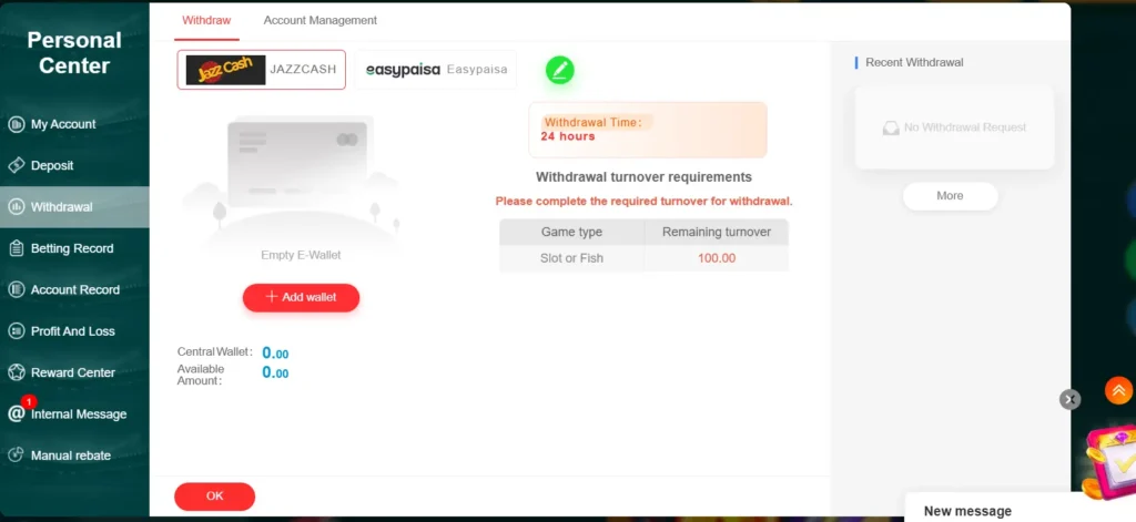 WE999 Game withdrawal screen showing instant cash transfer to JazzCash, Easypaisa, or bank account