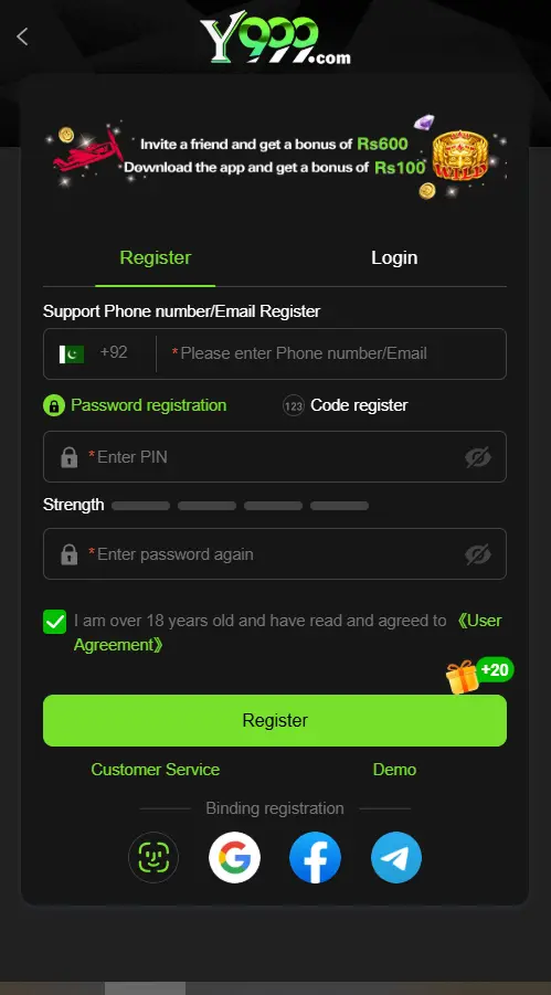 Y999 game register and login screen with easy and secure access.