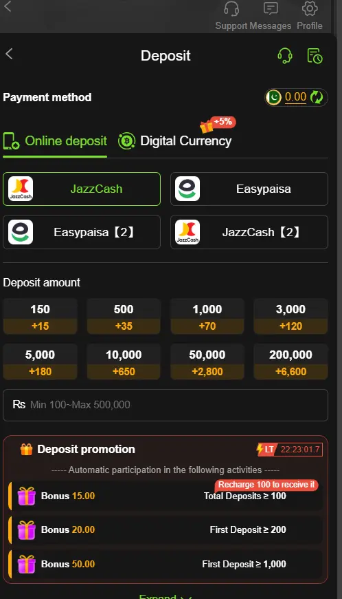 Y999 game deposit screen with secure and fast payment options.