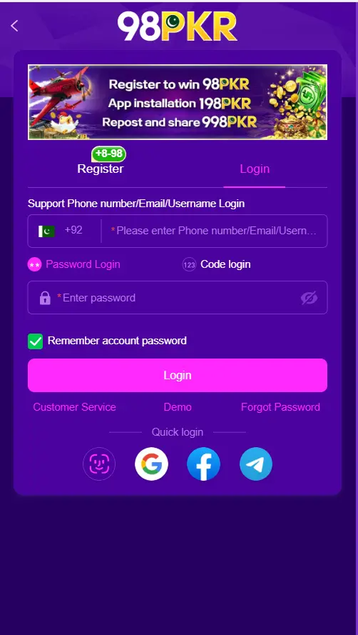 “98PKR Game login and register screen for secure and quick access.”