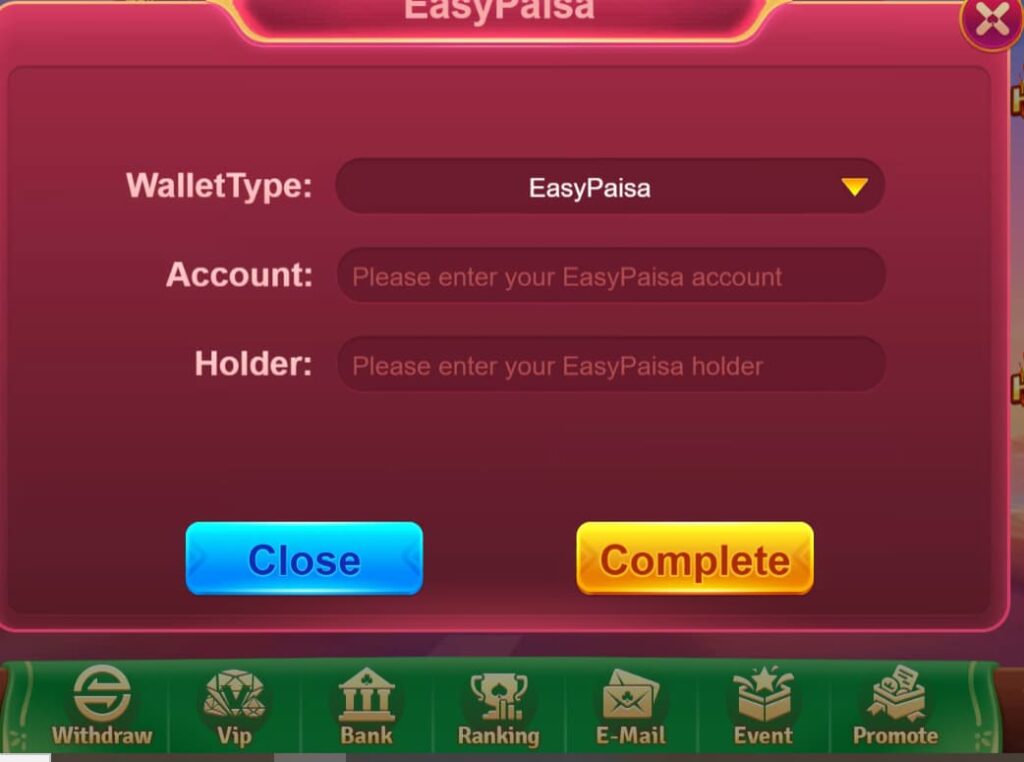 "77 Game withdrawal screen showing cash transfer to JazzCash, EasyPaisa, or bank"