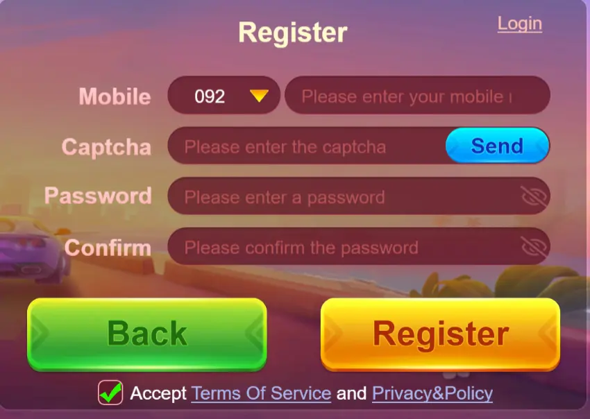 77 Game apk Login and Register Screen – Real Cash Gaming App"